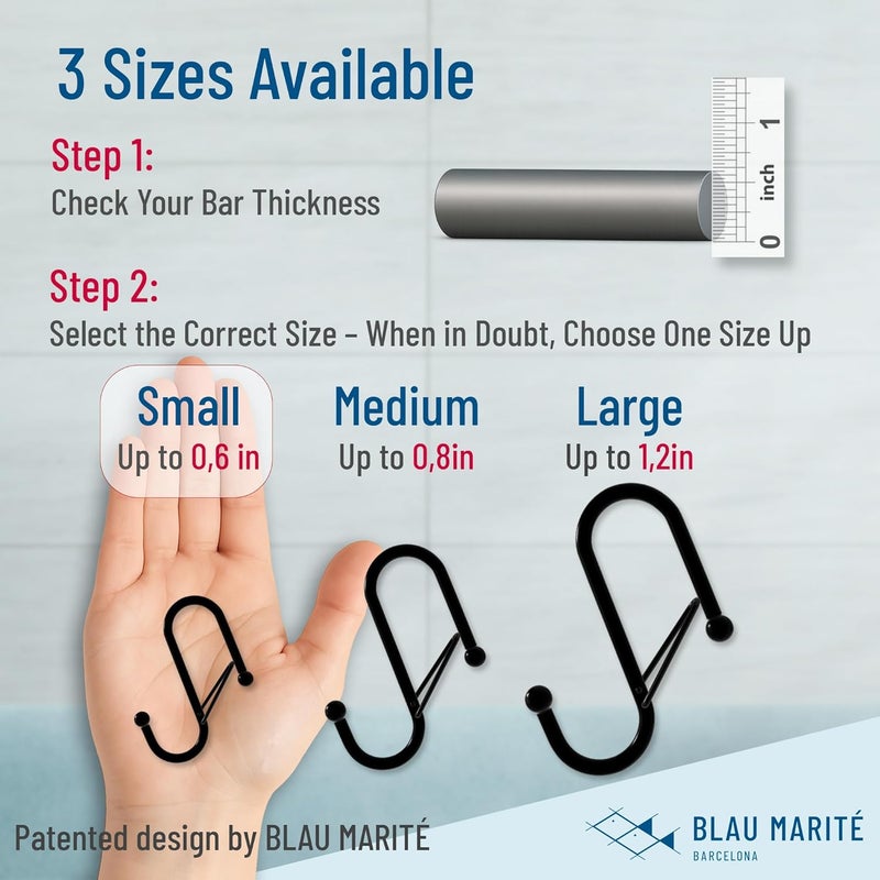 Blau Marité 10-Pack Metal S Hooks for Hanging – Heavy-Duty S-Shaped Hook with Safety Buckle – Fits Bars up to 0.6 in – Anti-Drop Hooks for Kitchen, Pot Racks & Towel Bars – Black (Small) - Image 2
